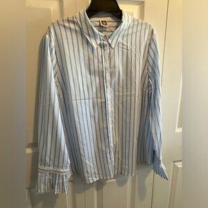 Ann Klein XL Button Down NWT NEWRuffle Sleeves and Blue stripes accordion ruffle
